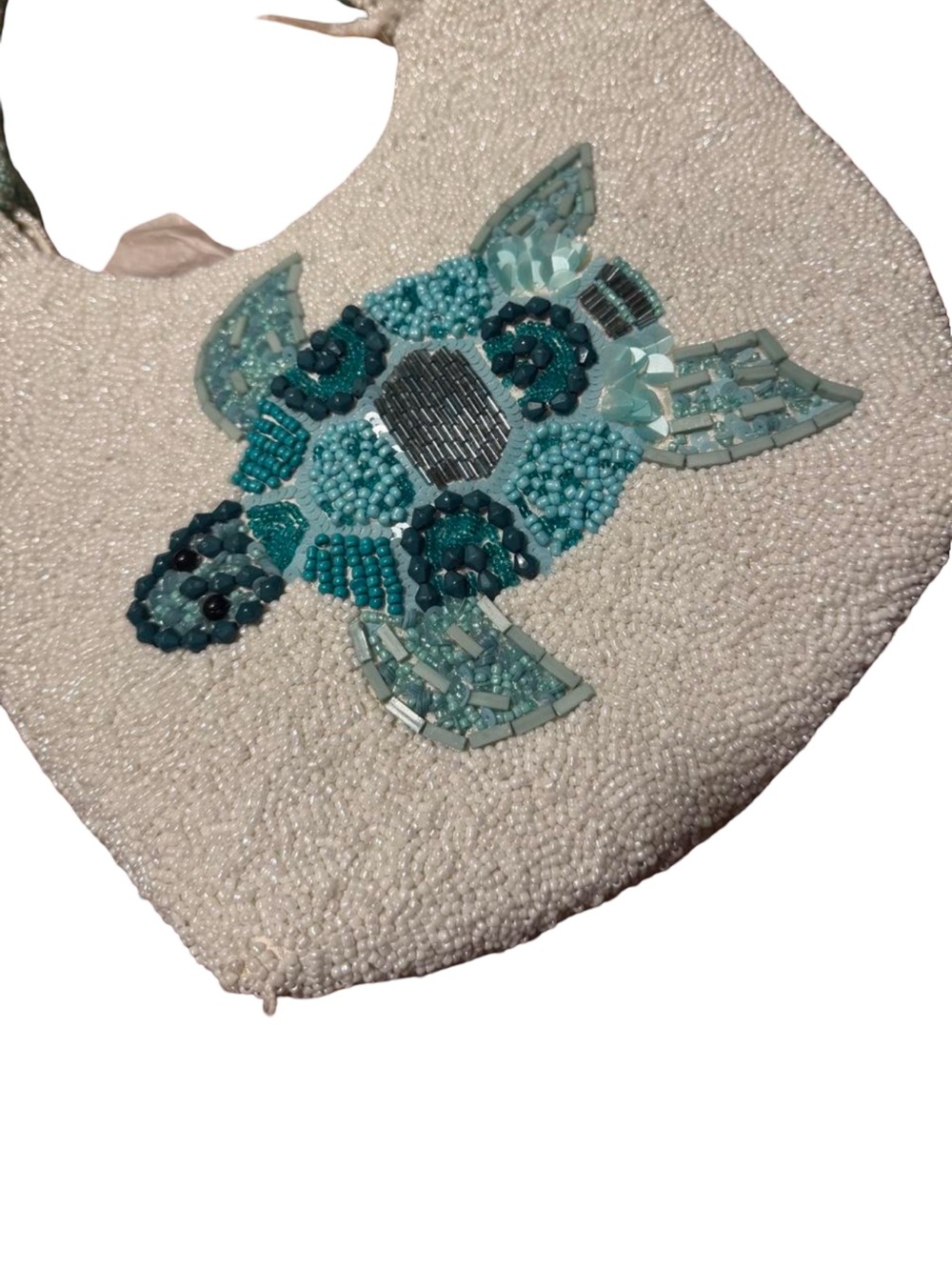Beaded Turtle Accent White Shoulder Bag with Aqua Embellishment